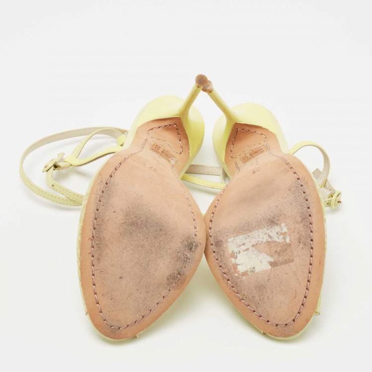 Pre Owned Sophia Webster Yellow Leather and Lace Print PVC Peep Toe Ankle Strap Sandals Size 37