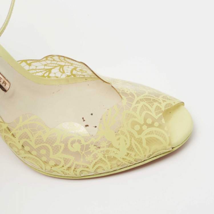Pre Owned Sophia Webster Yellow Leather and Lace Print PVC Peep Toe Ankle Strap Sandals Size 37