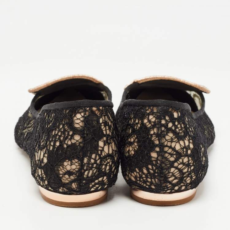 Pre Owned Sophia Webster Black Lace Bibi Butterfly Ballet Flats Size 38.5