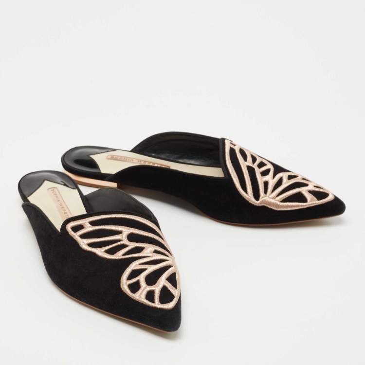 Pre Owned Sophia Webster Black Suede Bibi Butterfly Flat Mules Size 39.5