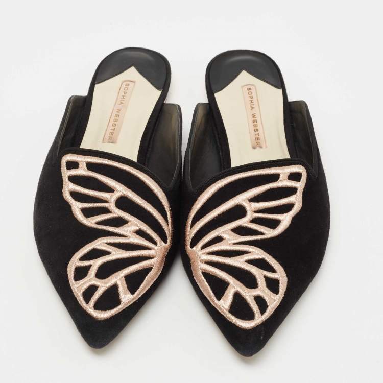 Pre Owned Sophia Webster Black Suede Bibi Butterfly Flat Mules Size 39.5