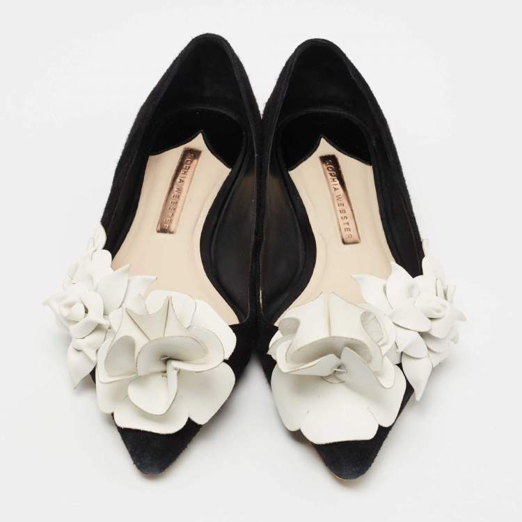 Pre Owned Sophia Webster Black/White Suede and Leather Floral Applique Ballet Flats Size 37