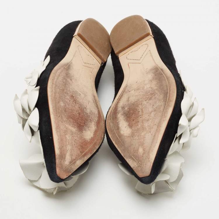 Pre Owned Sophia Webster Black/White Suede and Leather Floral Applique Ballet Flats Size 37