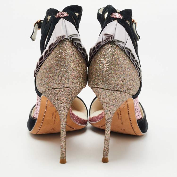 Pre Owned Sophia Webster Black/Metallic Suede and Glitter D'orsay Ankle Strap Pumps Size 37