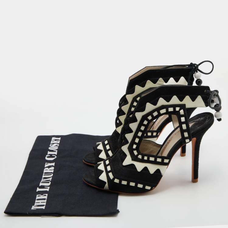 مملوكة مسبقًا Sophia Webster Black/White Suede and Patent Leather Riko Cut Out Ankle Sandals Size 38.5