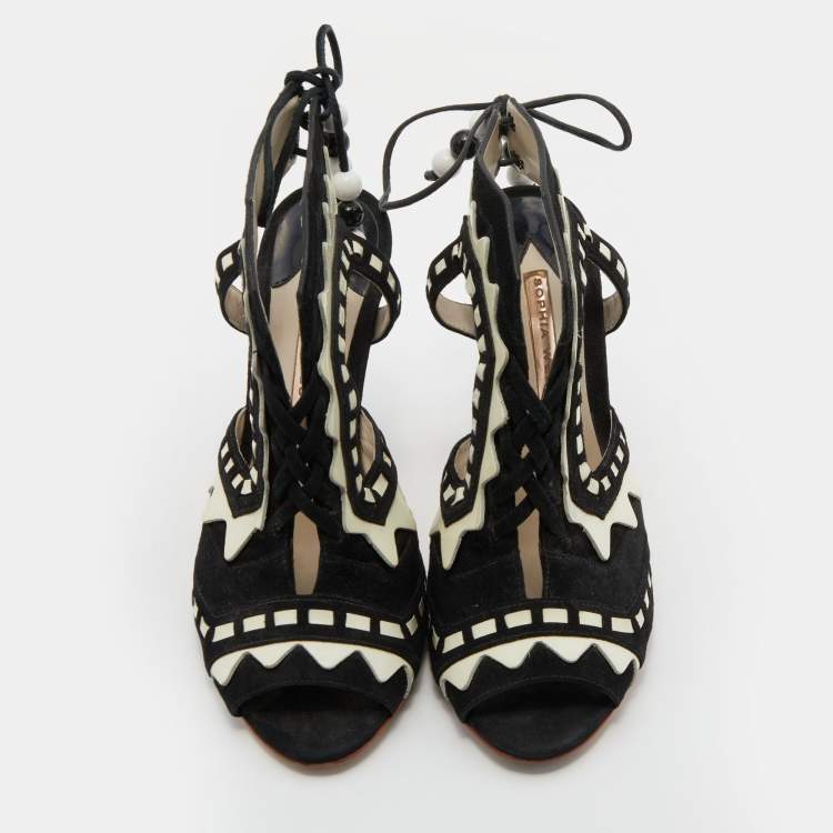 مملوكة مسبقًا Sophia Webster Black/White Suede and Patent Leather Riko Cut Out Ankle Sandals Size 38.5