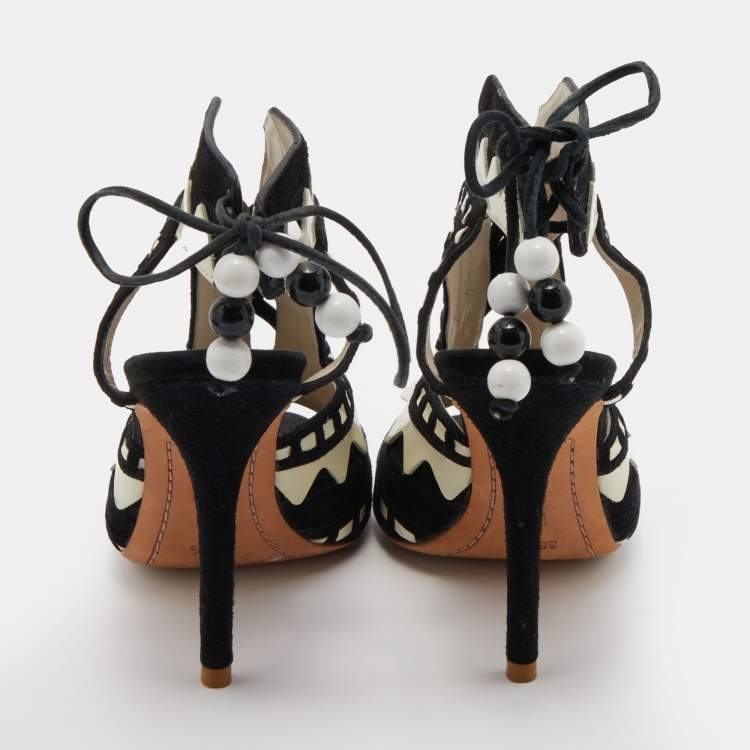 مملوكة مسبقًا Sophia Webster Black/White Suede and Patent Leather Riko Cut Out Ankle Sandals Size 38.5
