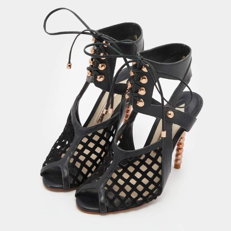 Pre Owned Sophia Webster Black Suede and Leather Jetta Ankle Tie Up Peep Toe Sandals Size 36.5