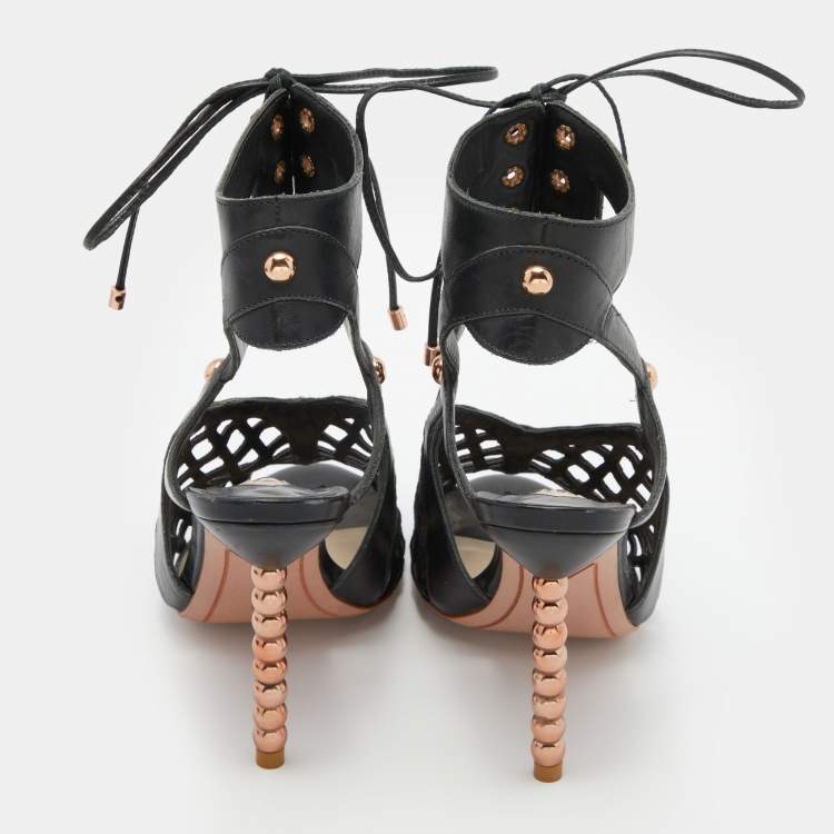 Pre Owned Sophia Webster Black Suede and Leather Jetta Ankle Tie Up Peep Toe Sandals Size 36.5
