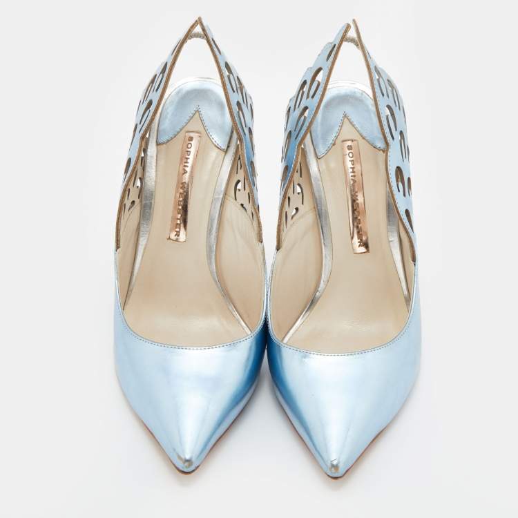 Pre Owned Sophia Webster Metallic Blue/Silver Leather Angelo Pointed Toe Slingback Pumps Size 37