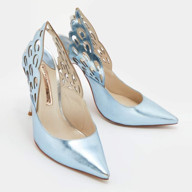 Pre Owned Sophia Webster Metallic Blue/Silver Leather Angelo Pointed Toe Slingback Pumps Size 37