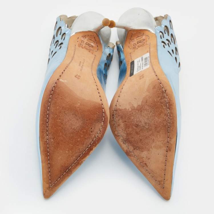 Pre Owned Sophia Webster Metallic Blue/Silver Leather Angelo Pointed Toe Slingback Pumps Size 37