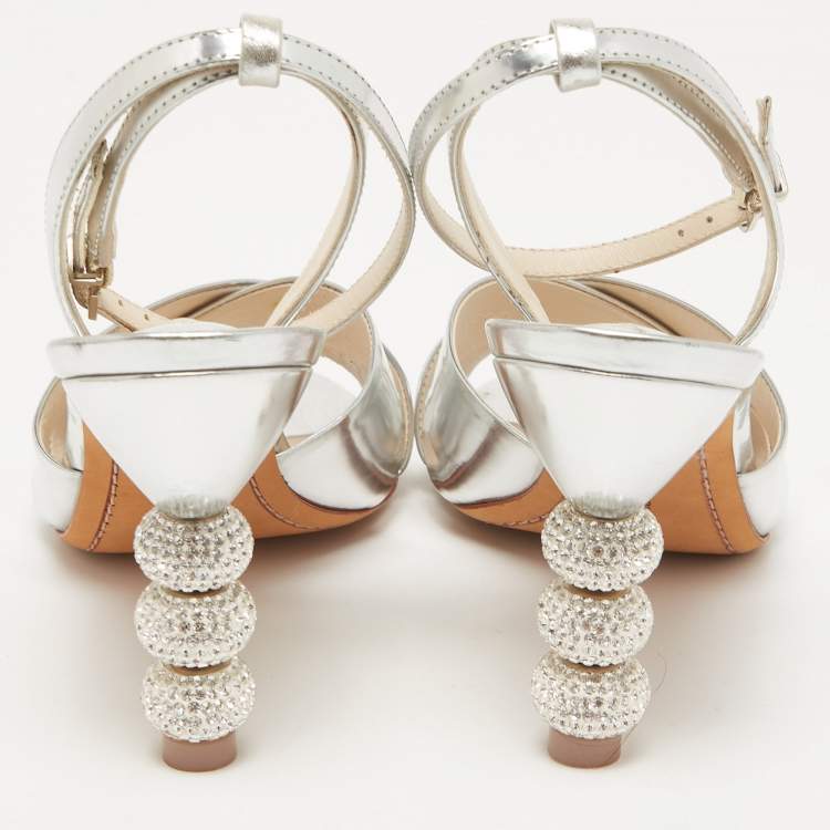 Pre Owned Sophia Webster Silver Leather Crystal Embellished Heel Ankle Strap Sandals Size 39