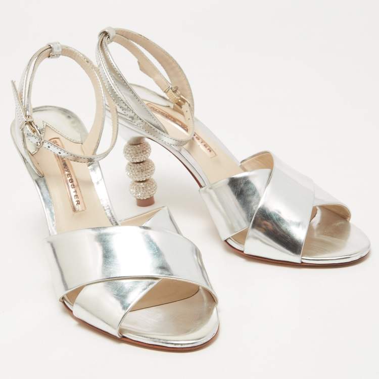 Pre Owned Sophia Webster Silver Leather Crystal Embellished Heel Ankle Strap Sandals Size 39