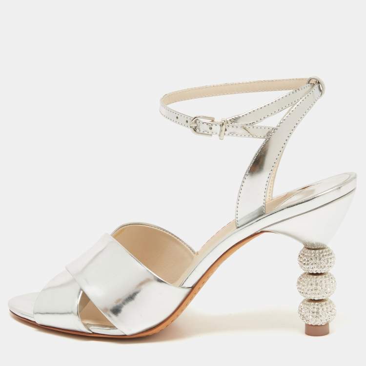Sophia Webster Silver Leather Crystal Embellished Heel Ankle Strap ...