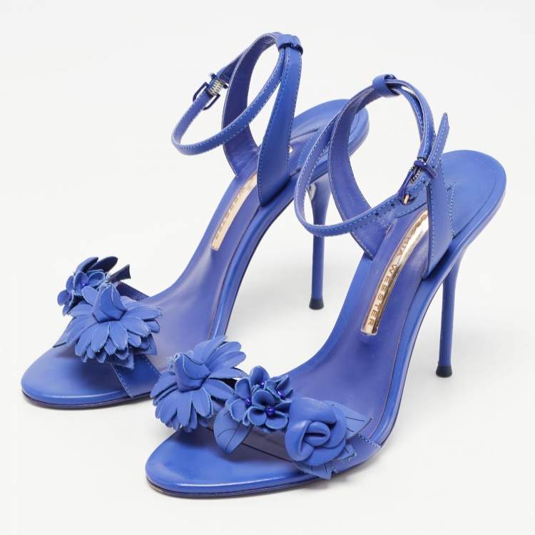 Pre Owned Sophia Webster Blue Leather Lilico Floral Embellished Ankle Wrap Sandals Size 37