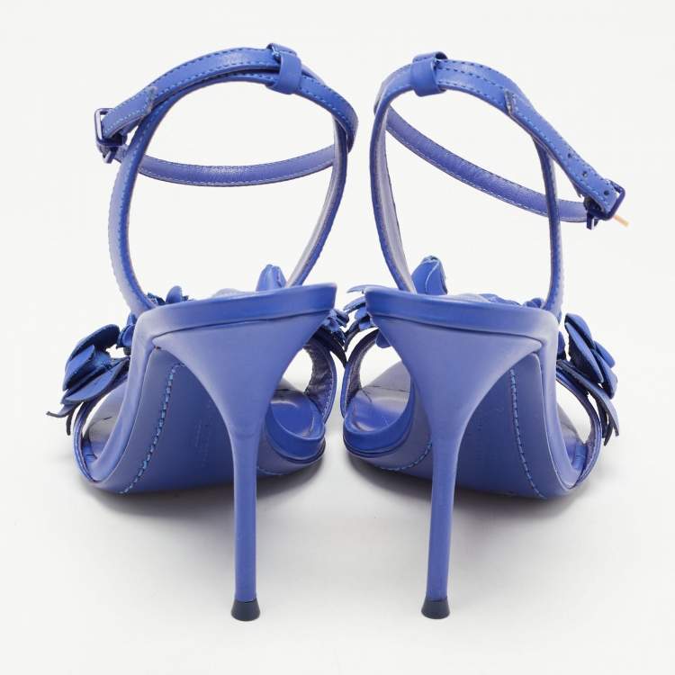 Pre Owned Sophia Webster Blue Leather Lilico Floral Embellished Ankle Wrap Sandals Size 37