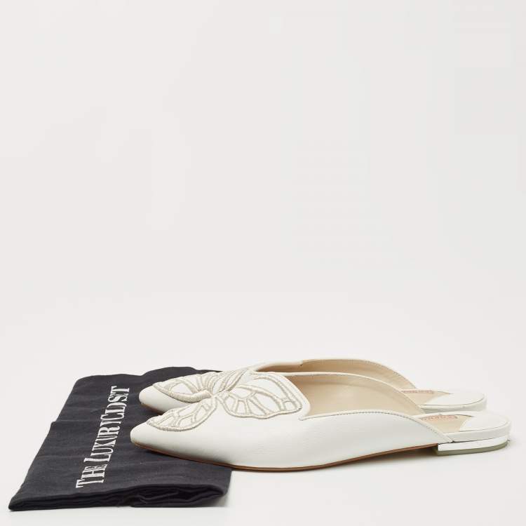 Pre Owned Sophia Webster White Leather Bibi Butterfly Flat Mules Size 38