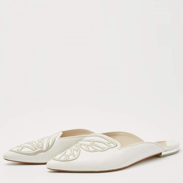 Pre Owned Sophia Webster White Leather Bibi Butterfly Flat Mules Size 38