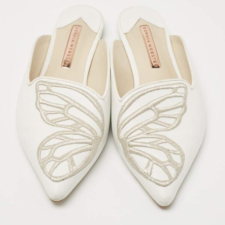 Pre Owned Sophia Webster White Leather Bibi Butterfly Flat Mules Size 38