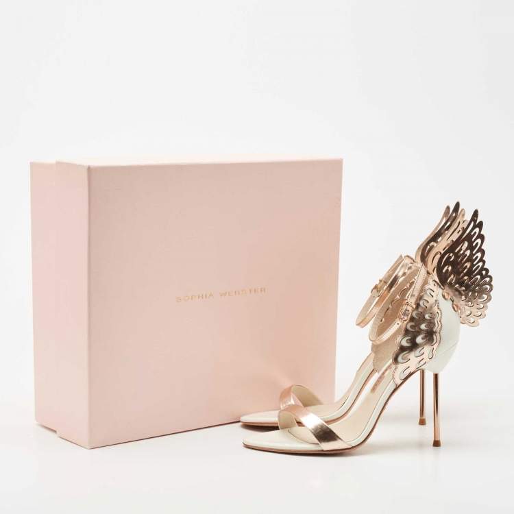 Pre Owned Sophia Webster Rose Gold/White Leather Evangeline Laser Cut Angel Wing Ankle Strap Sandals Size 38.5