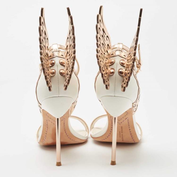 Pre Owned Sophia Webster Rose Gold/White Leather Evangeline Laser Cut Angel Wing Ankle Strap Sandals Size 38.5