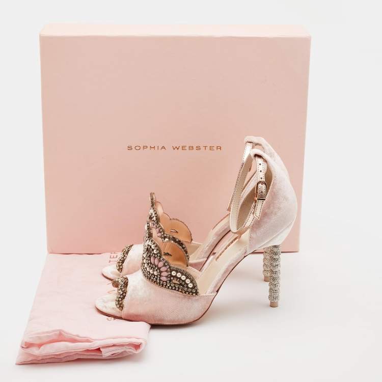 Pre Owned Sophia Webster Pink Velvet Royalty Crystal Heel Ankle Strap Sandals Size 38