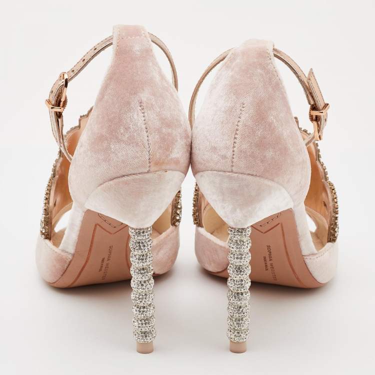 Pre Owned Sophia Webster Pink Velvet Royalty Crystal Heel Ankle Strap Sandals Size 38