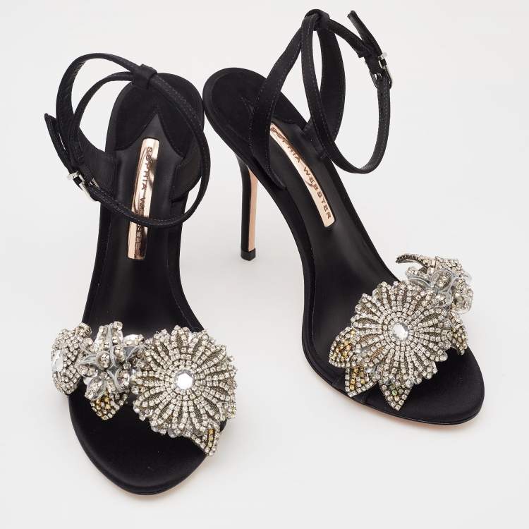 Pre Owned Sophia Webster Black Satin Lilico Floral Embellished Ankle Wrap Sandals Size 38