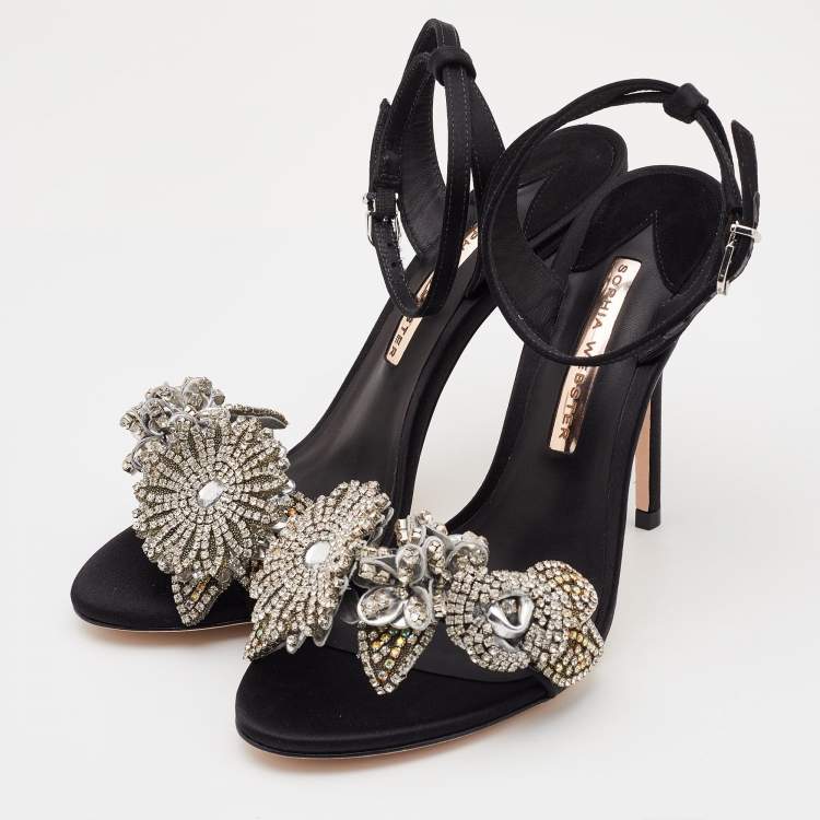 Pre Owned Sophia Webster Black Satin Lilico Floral Embellished Ankle Wrap Sandals Size 38