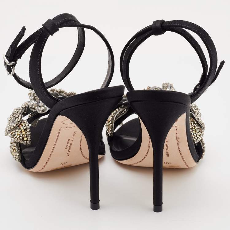 Pre Owned Sophia Webster Black Satin Lilico Floral Embellished Ankle Wrap Sandals Size 38