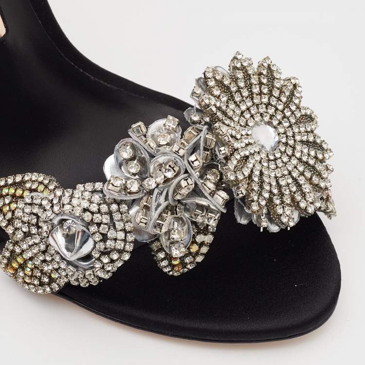 Pre Owned Sophia Webster Black Satin Lilico Floral Embellished Ankle Wrap Sandals Size 38