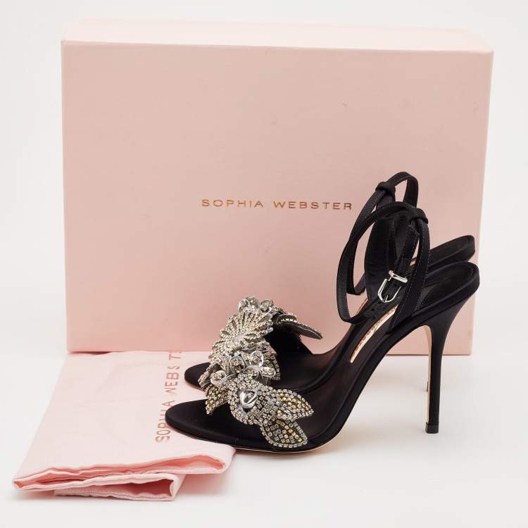 Pre Owned Sophia Webster Black Satin Lilico Floral Embellished Ankle Wrap Sandals Size 38