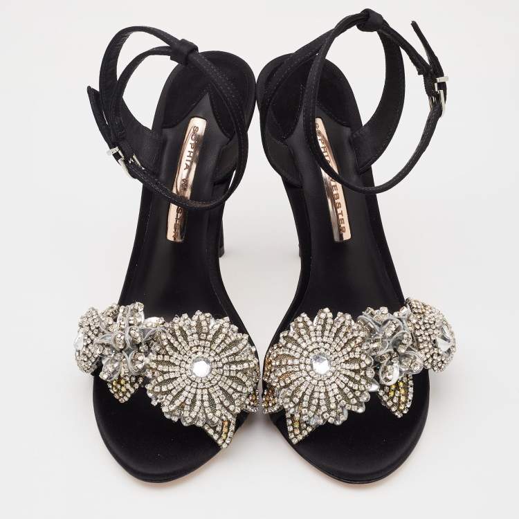 Pre Owned Sophia Webster Black Satin Lilico Floral Embellished Ankle Wrap Sandals Size 38