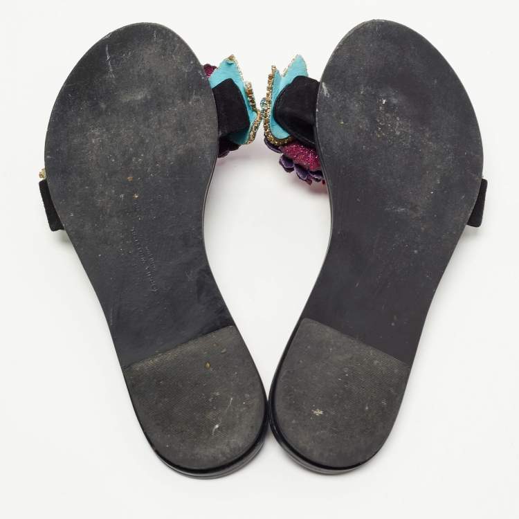Pre Owned Sophia Webster Black Suede Glitter And Crystal Floral Embellished Lilico Flat Slides Size 38.5