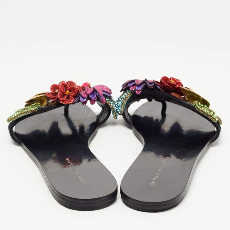 Pre Owned Sophia Webster Black Suede Glitter And Crystal Floral Embellished Lilico Flat Slides Size 38.5