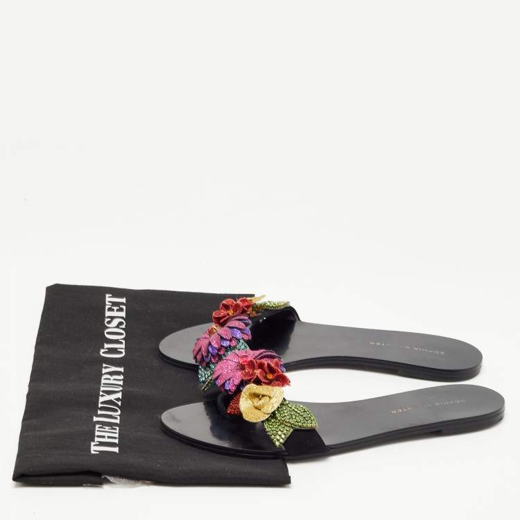 Pre Owned Sophia Webster Black Suede Glitter And Crystal Floral Embellished Lilico Flat Slides Size 38.5
