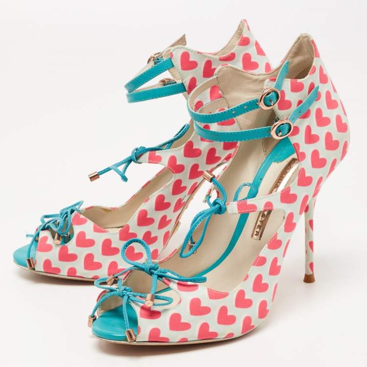 Pre Owned Sophia Webster Multicolor Nylon And Leather Heart Print Ankle Strap Pumps Size 38
