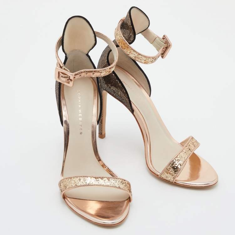 مملوكة مسبقًا Sophia Webster Rose Gold/Black Glitter and Patent Leather Nicole Sandals Size 35.5