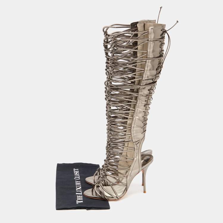 Pre Owned Sophia Webster Meatllic Leather Clementine Lace-Up Knee High Gladiator Sandals Size 39