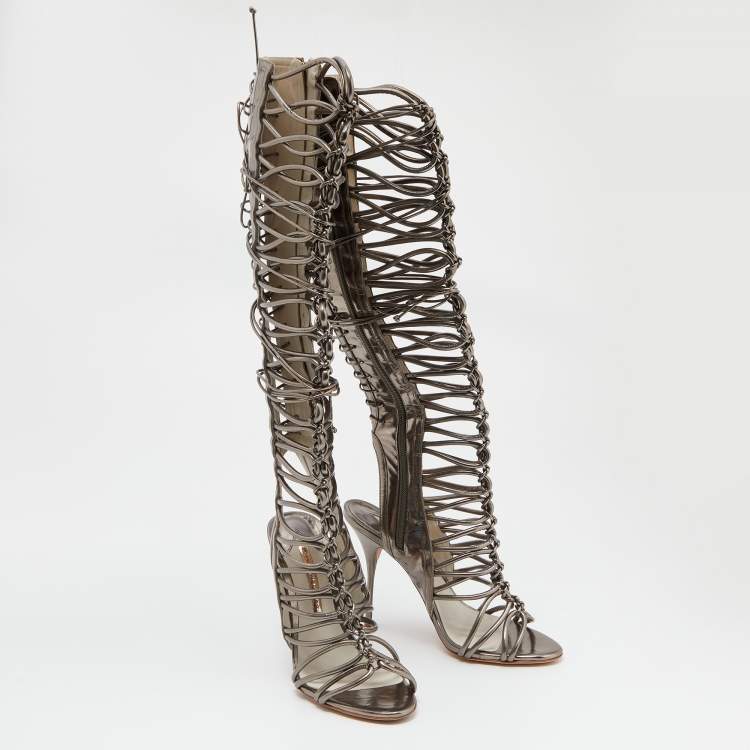 Pre Owned Sophia Webster Meatllic Leather Clementine Lace-Up Knee High Gladiator Sandals Size 39