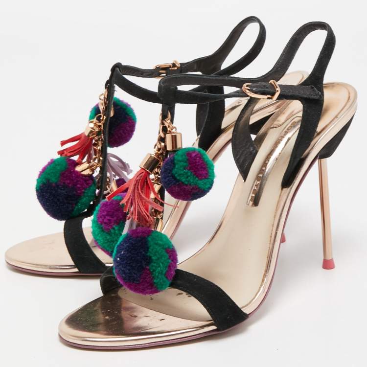 Pre Owned Sophia Webster Leather Layla Pom Pom Embellished T-Strap Sandals Size 39