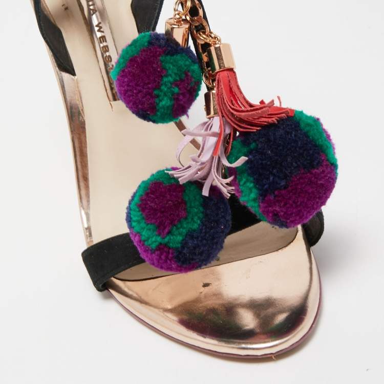 Pre Owned Sophia Webster Leather Layla Pom Pom Embellished T-Strap Sandals Size 39