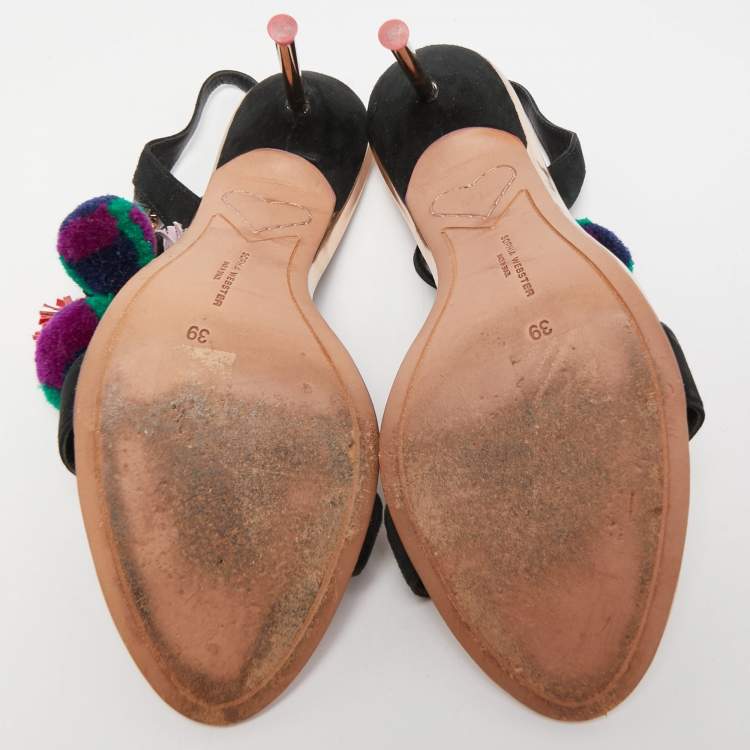 Pre Owned Sophia Webster Leather Layla Pom Pom Embellished T-Strap Sandals Size 39