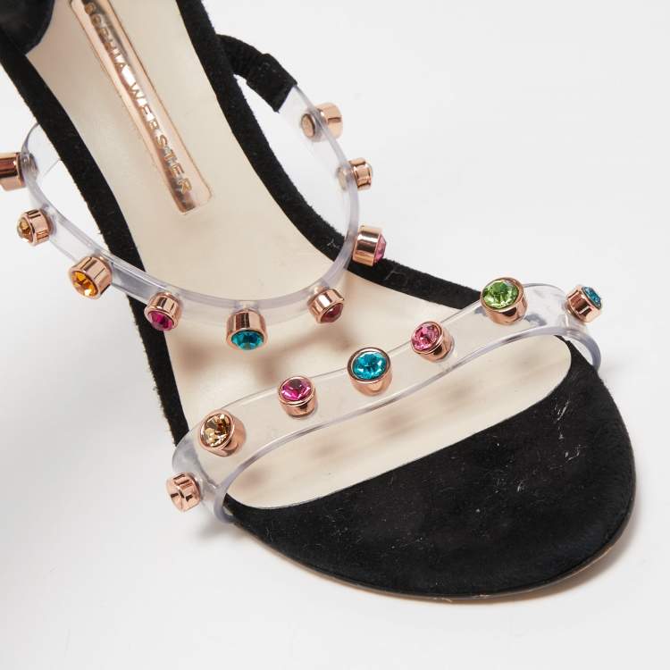 Pre Owned Sophia Webster White/Black PVC And Leather Rosalind Crystal Embellished Ankle Strap Sandals Size 39