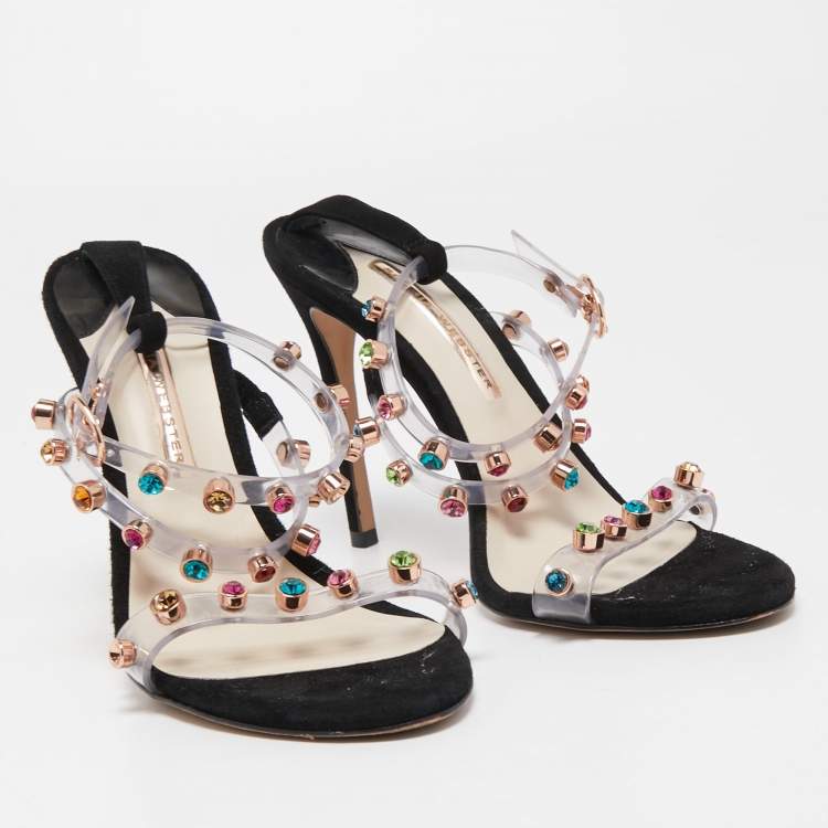 Pre Owned Sophia Webster White/Black PVC And Leather Rosalind Crystal Embellished Ankle Strap Sandals Size 39