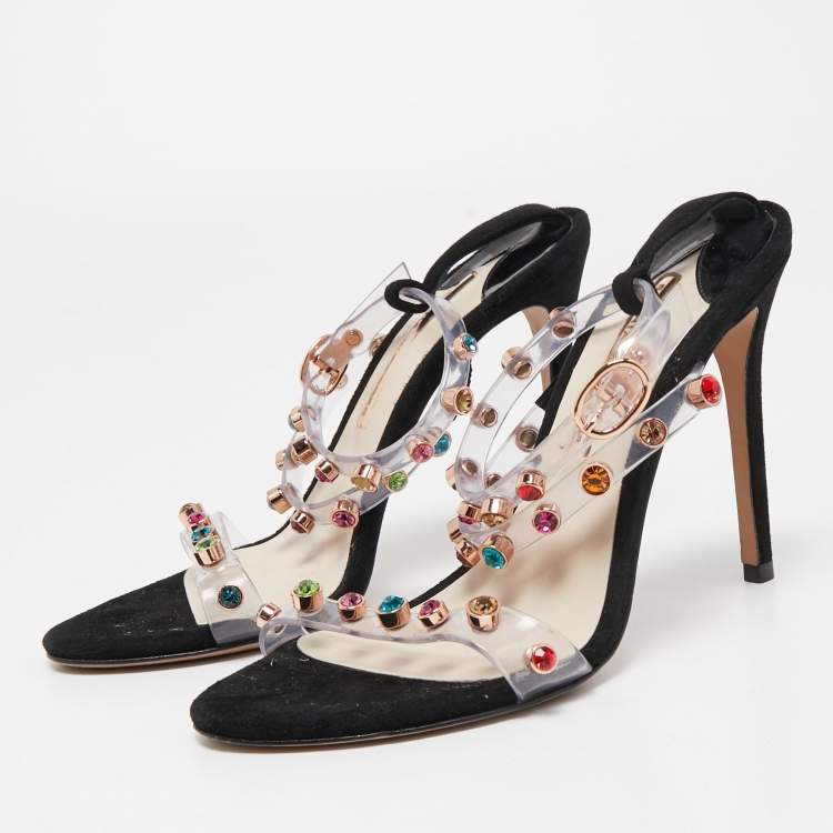 Pre Owned Sophia Webster White/Black PVC And Leather Rosalind Crystal Embellished Ankle Strap Sandals Size 39