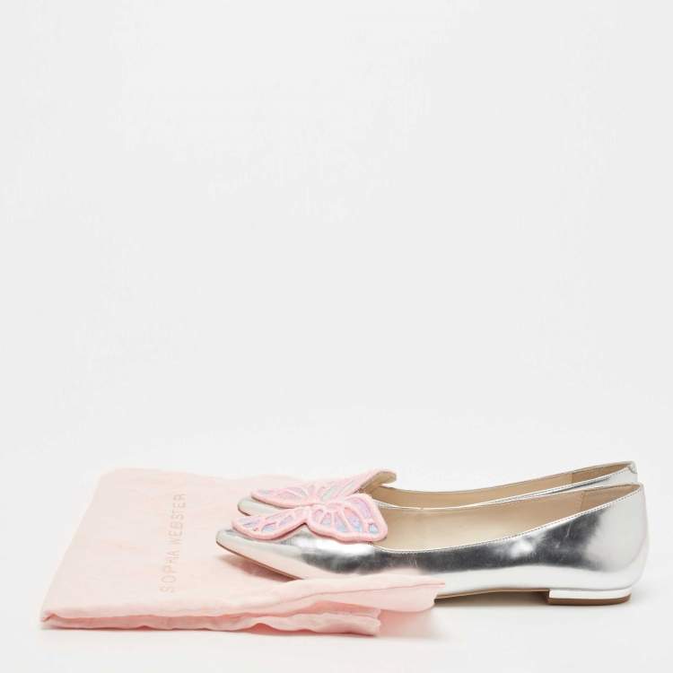 Pre Owned Sophia Webster Silver Leather Bibi Butterfly Ballet Flats Size 40.5
