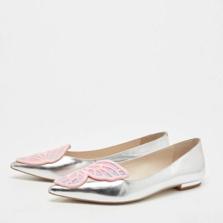 Pre Owned Sophia Webster Silver Leather Bibi Butterfly Ballet Flats Size 40.5