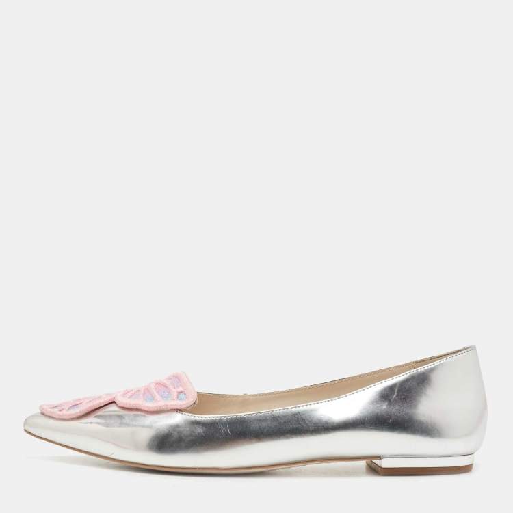 Pre Owned Sophia Webster Silver Leather Bibi Butterfly Ballet Flats Size 40.5